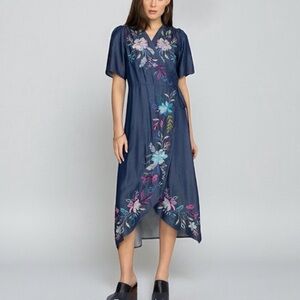 Johnny Was Nico Embroidered Denim Midi Wrap Dress | Size XL